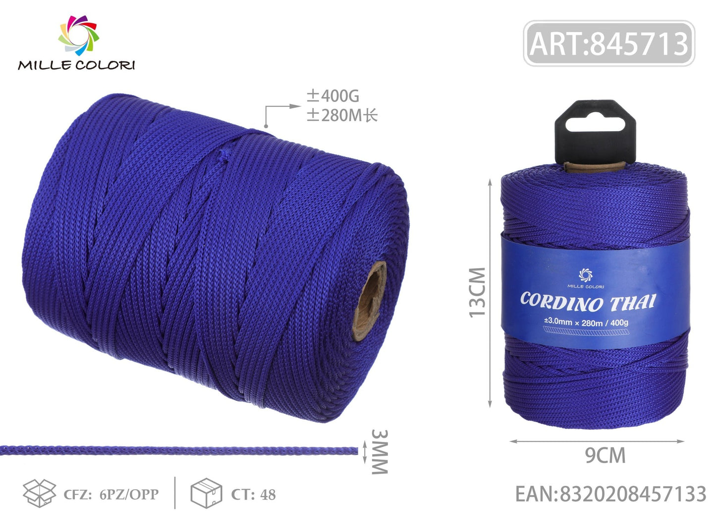 CORDINO THAI BLU 3MM 300M 400G - MILLE COLORI - WE MAKE DIY - MILLE COLORI