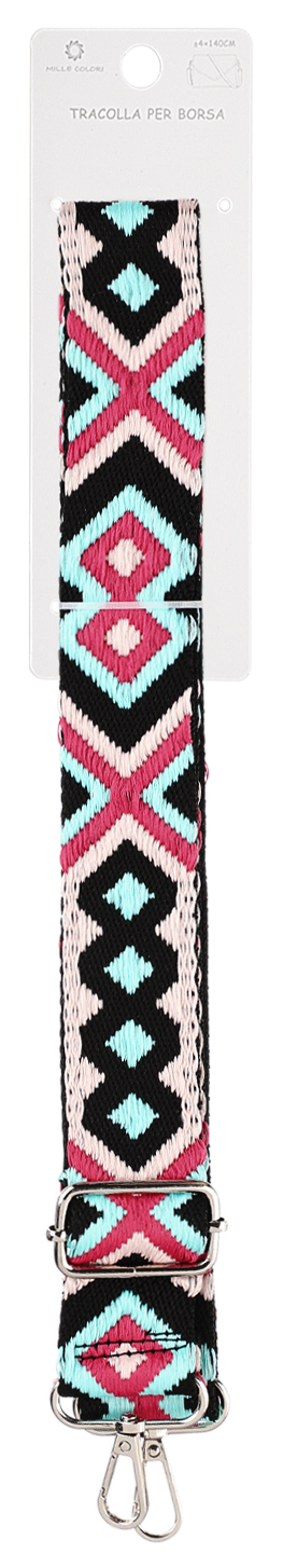 Tracolla Regolabile per Borsa Cinturino con Motivo Etnico Multicolore, Ganci in Metallo -140cm/4cm