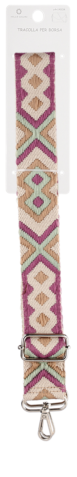 Tracolla Regolabile per Borsa Cinturino con Motivo Etnico Multicolore, Ganci in Metallo -140cm/4cm