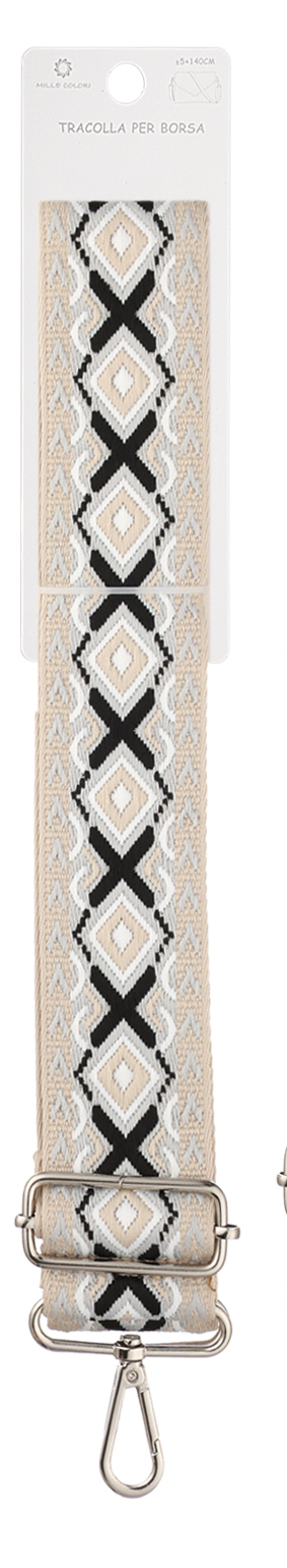 Tracolla Regolabile per Borsa – Cinturino con Ricamo Geometrico e Bordo Decorato, Ganci in Metallo -140cm/5cm