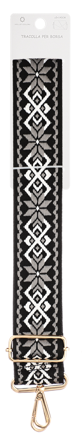 Tracolla Regolabile per Borsa – Cinturino con Motivo Etnico e Ricami Floreali, Ganci in Metallo -140cm/5cm