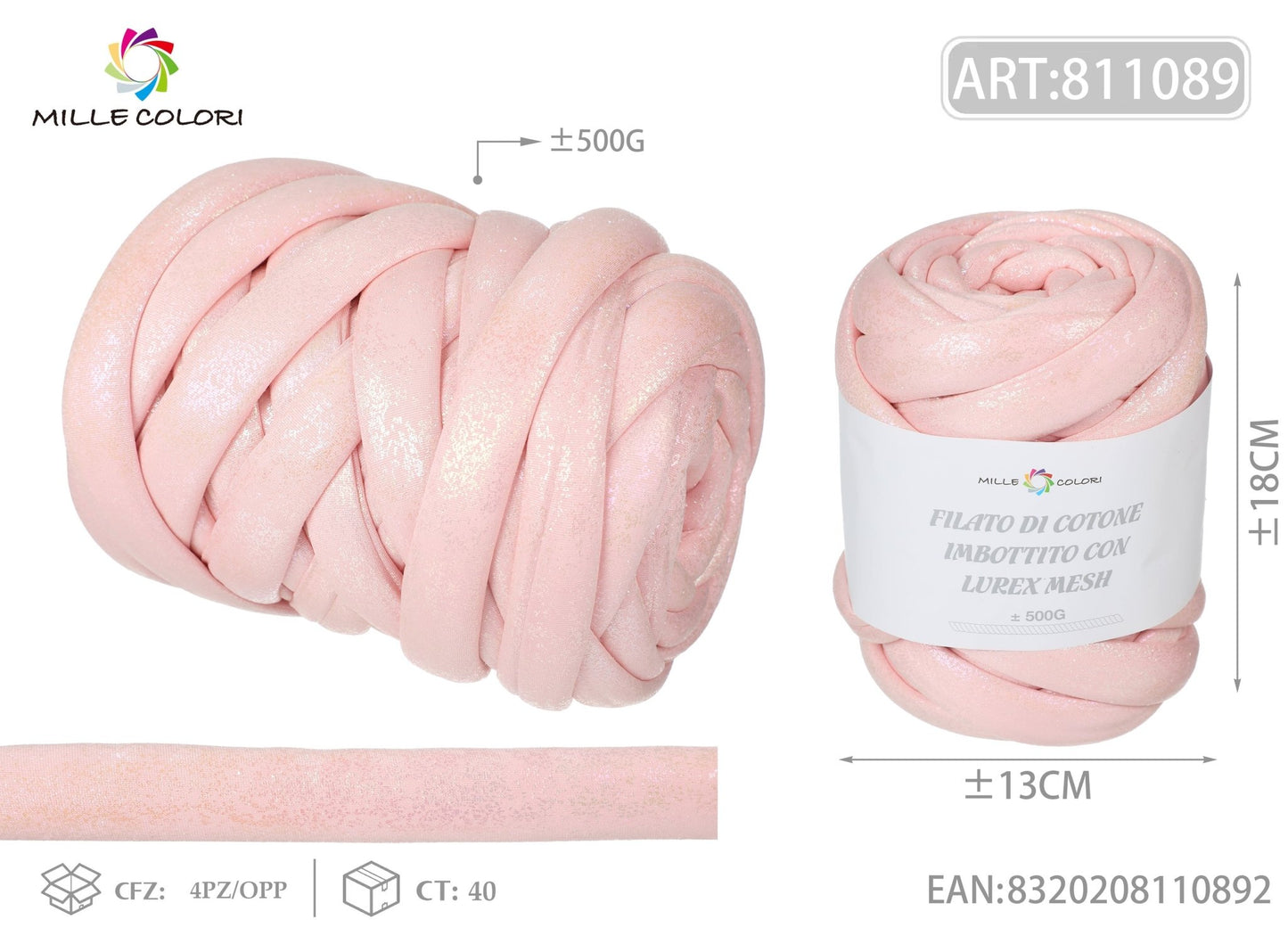 FILATO MARSHMALLOW COTONE IMBOTTITO CON TESSUTO IRIDESCENTE 500G ROSA - MILLE COLORI - WE MAKE DIY - MILLE COLORI