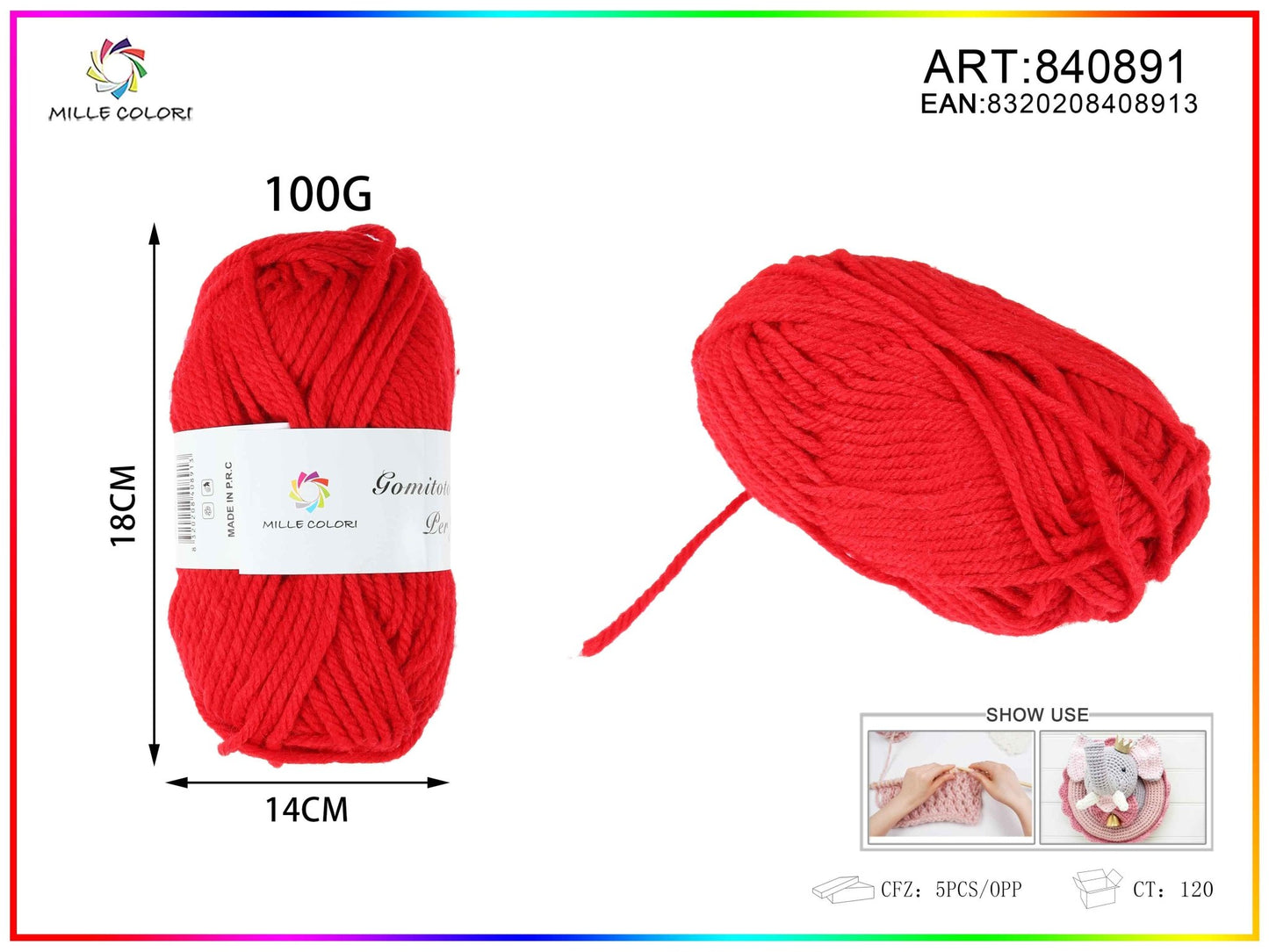 Gomitolo di filato 100G rosso Mille Colori per maglia e uncinetto
