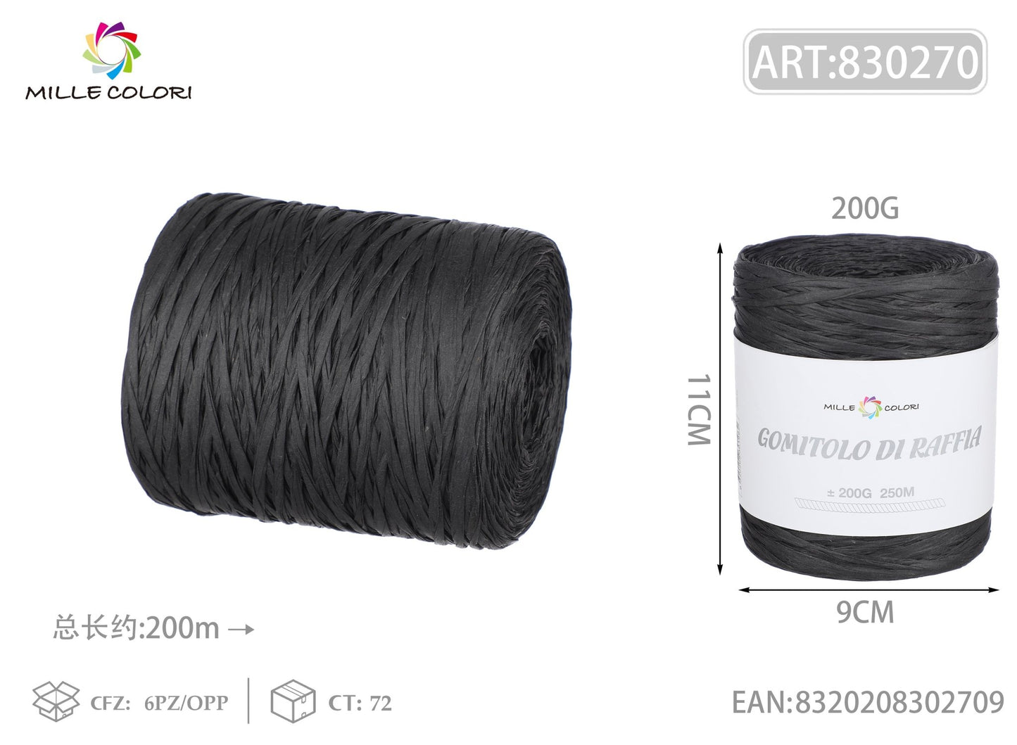 Gomitolo di rafia 200g 250m nero - WE MAKE DIY - MILLE COLORI