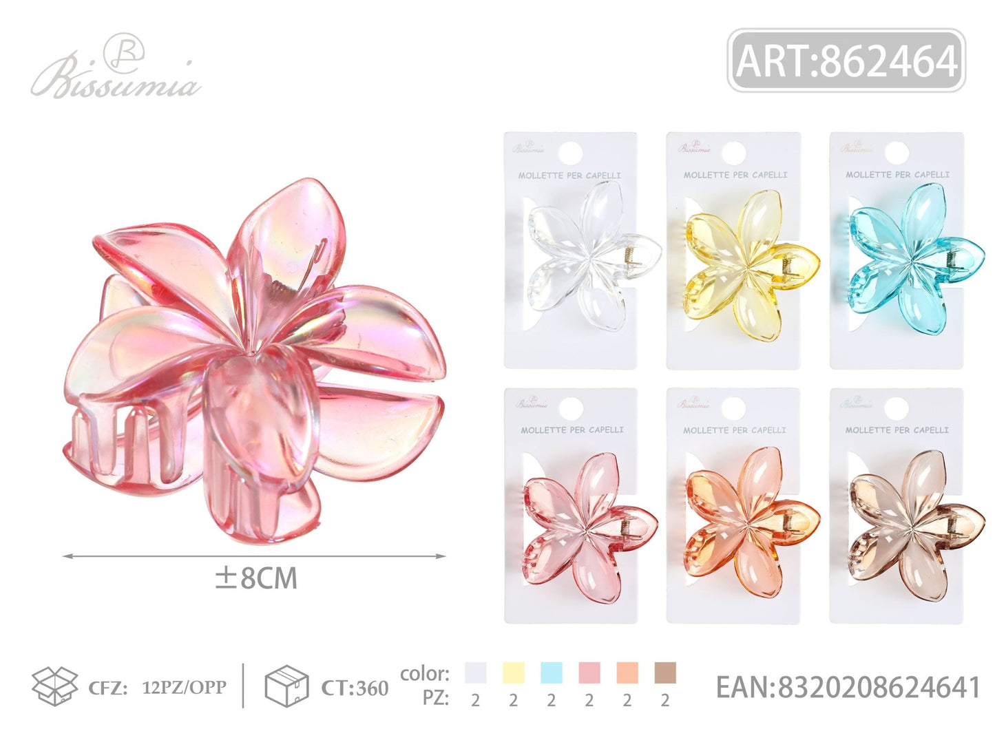 Set 6 mollette per capelli a fiore trasparente lucida 8CM Mille Colori