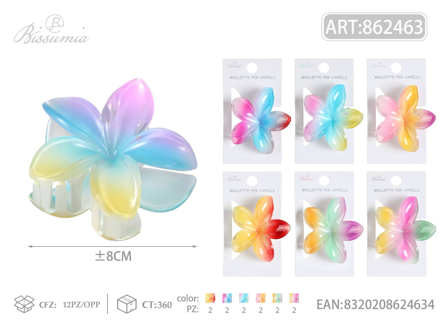 Set 6pz Mollette per Capelli a Fiore Effetto Arcobaleno 8cm - WE MAKE DIY - MILLE COLORI