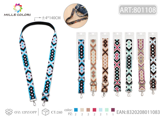Tracolla Regolabile per Borsa  Cinturino con Motivo Etnico Multicolore, Ganci in Metallo -140cm/4cm