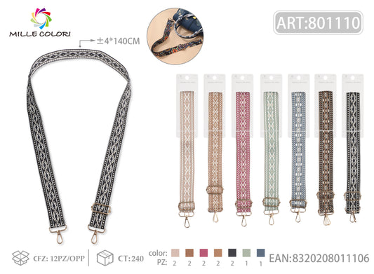 Tracolla Regolabile per Borsa  Cinturino con Motivo Ricamato Fine,  Ganci in Metallo -140cm/4cm