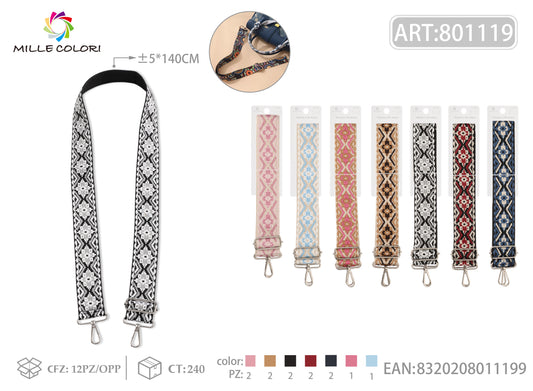 Tracolla Regolabile per Borsa – Cinturino con Motivo a Mosaico Etno-Boho,  Ganci in Metallo -140cm/5cm