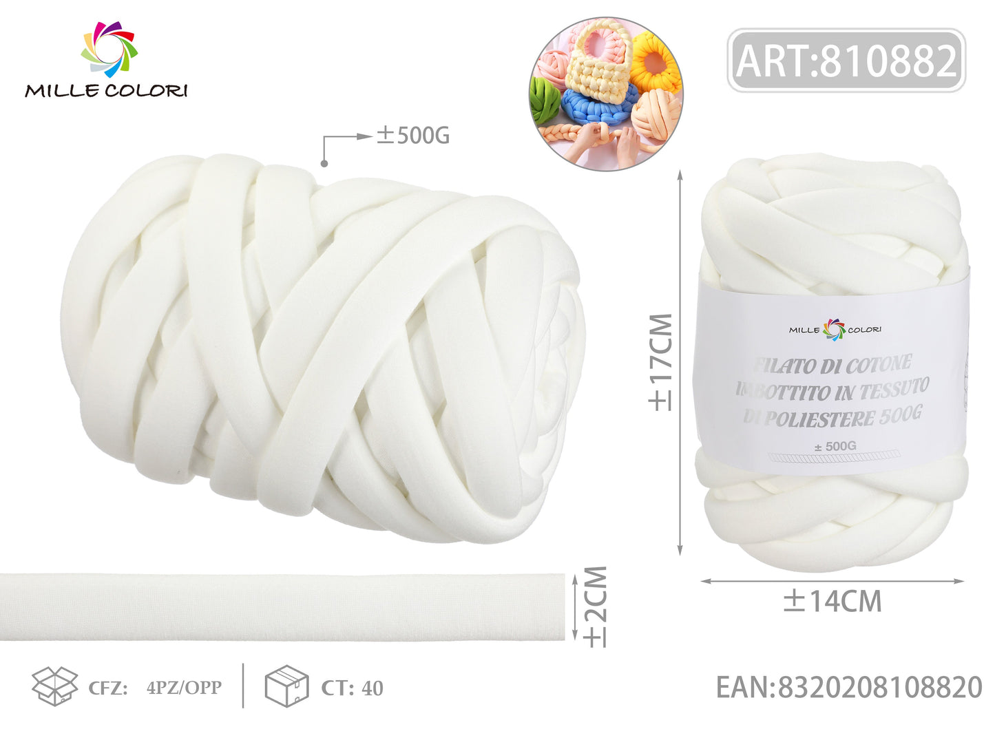 FILATO DI COTONE IMBOTTITO IN TESSUTO DI POLIESTERE 500g Bianco