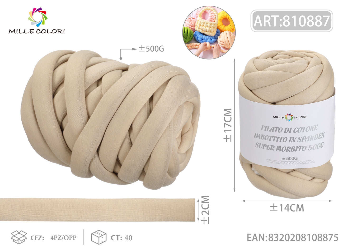 FILATO DI COTONE IMBOTTITO IN TESSUTO DI POLIESTERE 500g Beige sabbia