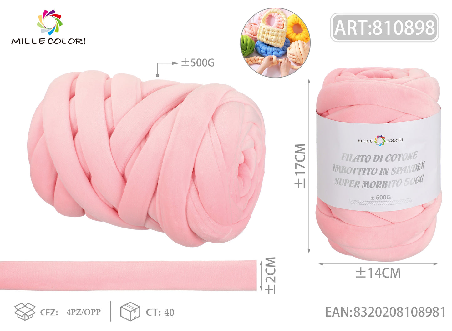 FILATO DI COTONE IMBOTTITO IN SPANDEX SUPER MORBITO 500G Rosa pastello