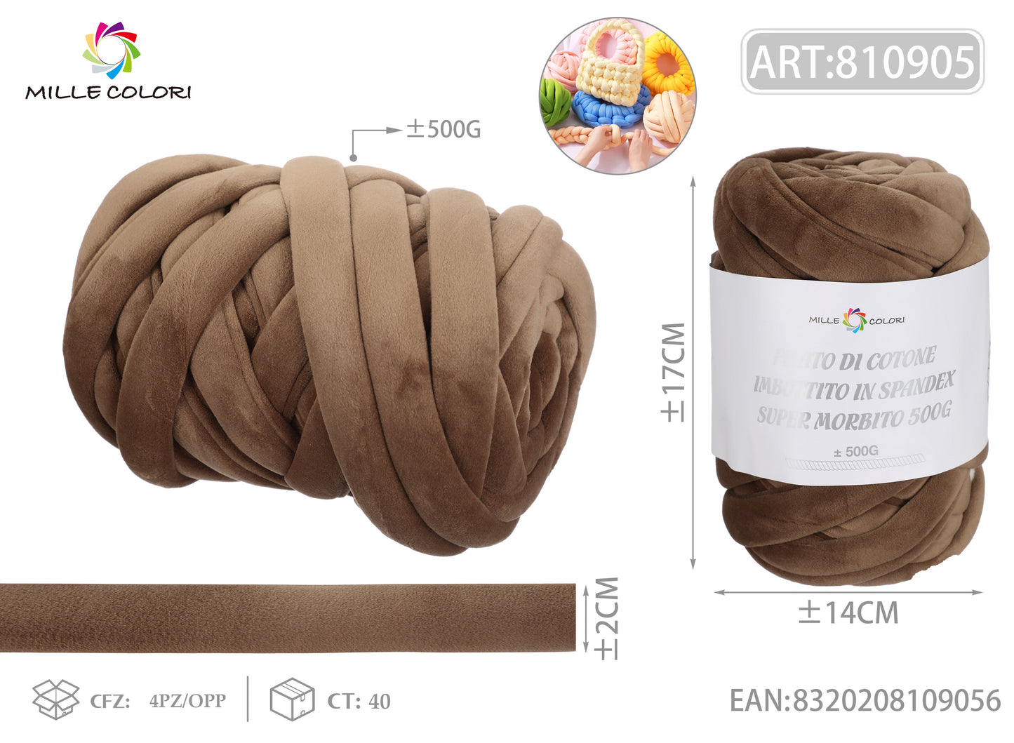 FILATO DI COTONE IMBOTTITO IN SPANDEX SUPER MORBITO 500G Marrone