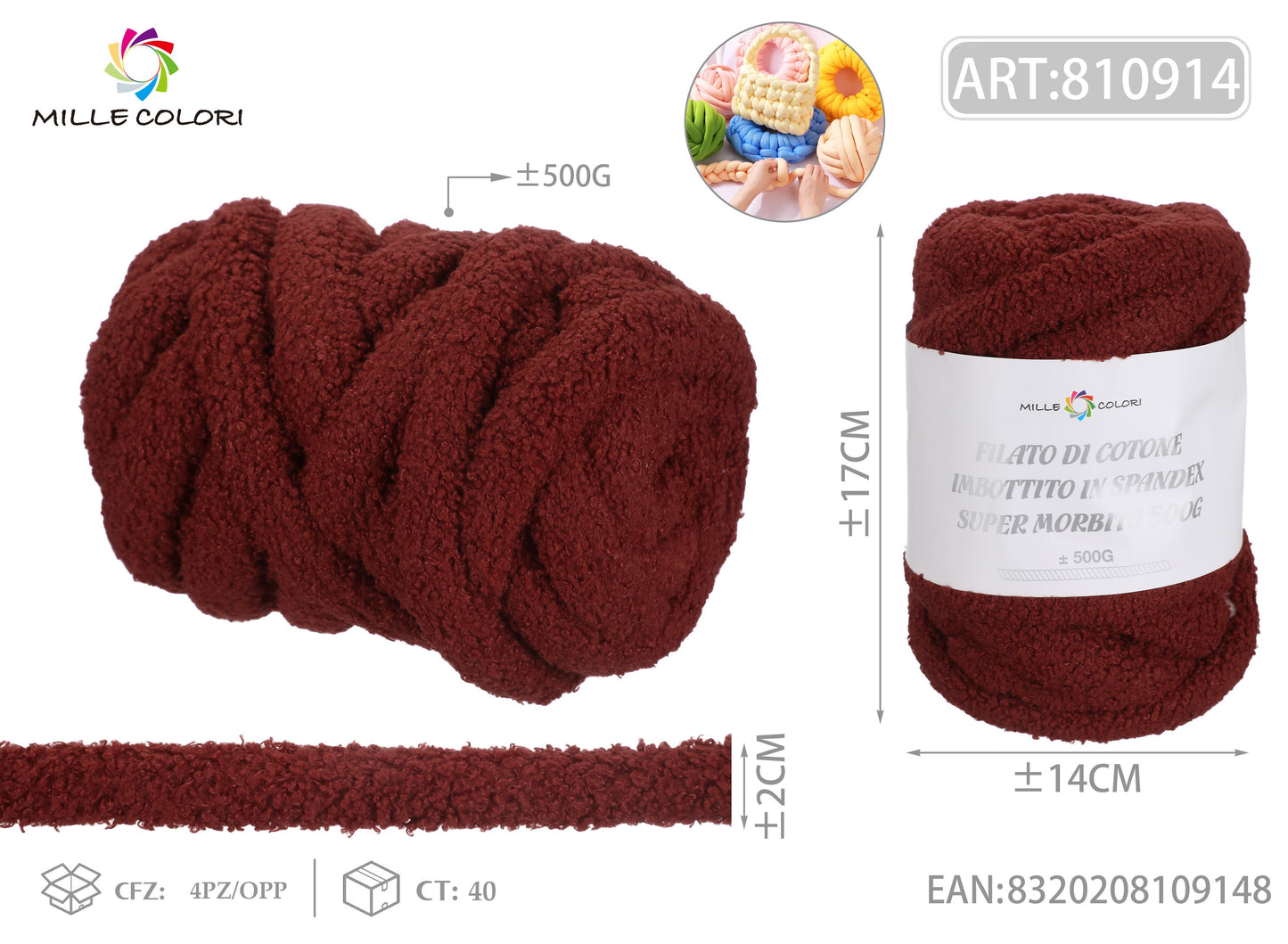 FILATO DI COTONE IMBOTTITO IN PELUCHE COCCOLOSO 500G Rosso
