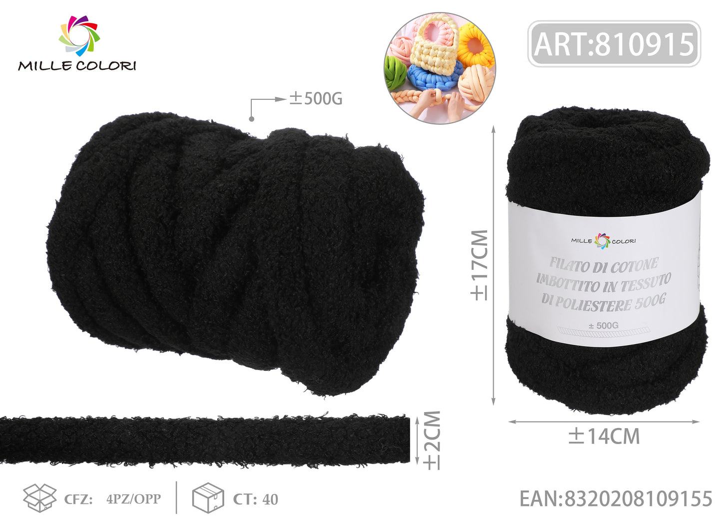 FILATO DI COTONE IMBOTTITO IN PELUCHE COCCOLOSO 500G Nero