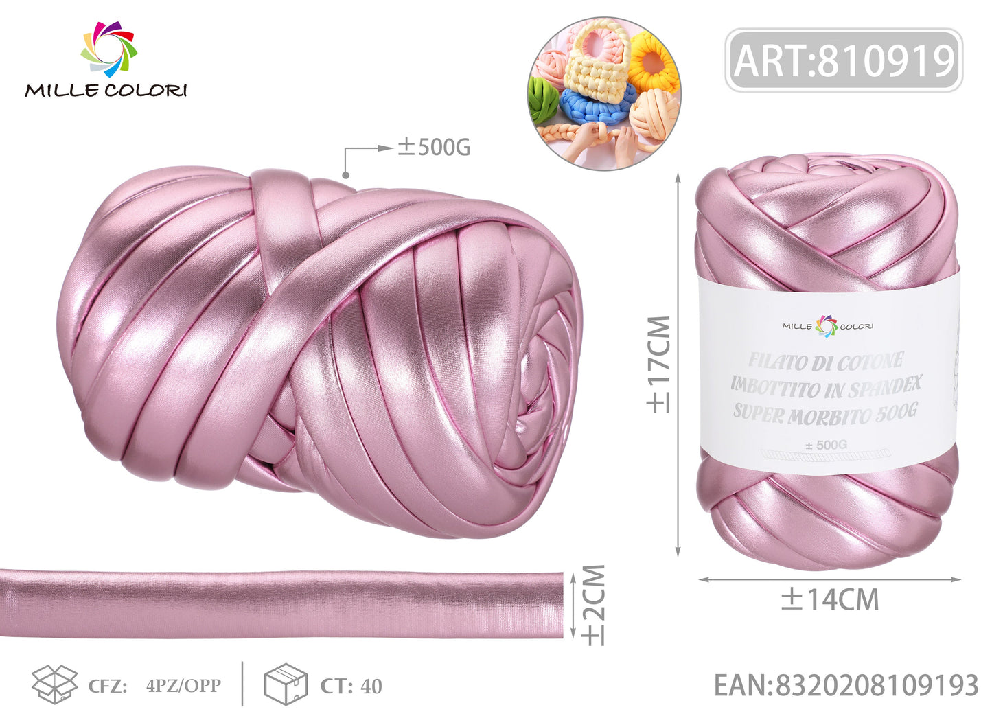 FILATO DI COTONE IMBOTTITO IN STILE METALLICO 500G Rosa