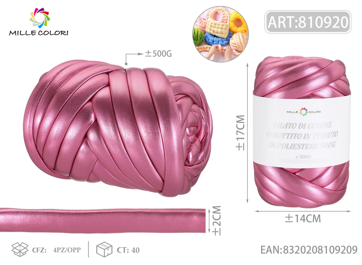 FILATO DI COTONE IMBOTTITO IN STILE METALLICO 500G Fucsia