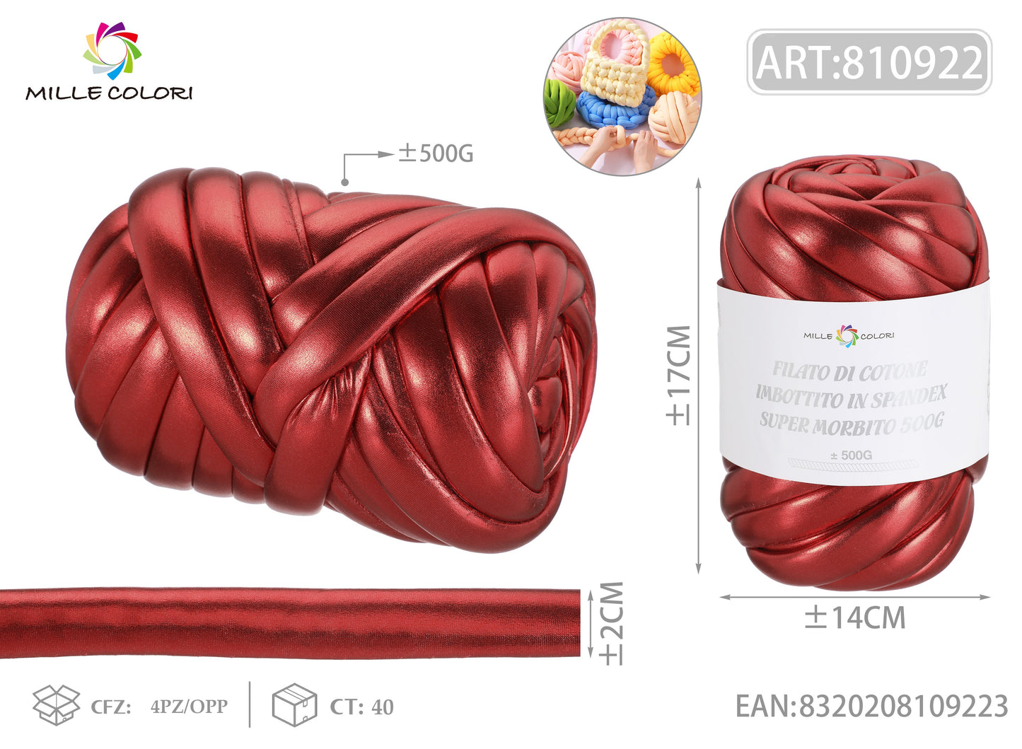 FILATO DI COTONE IMBOTTITO IN STILE METALLICO 500G Rosso