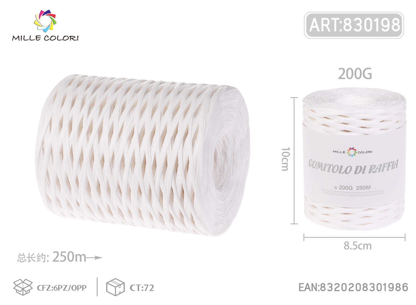 Gomitolo di rafia 200g 250m bianco