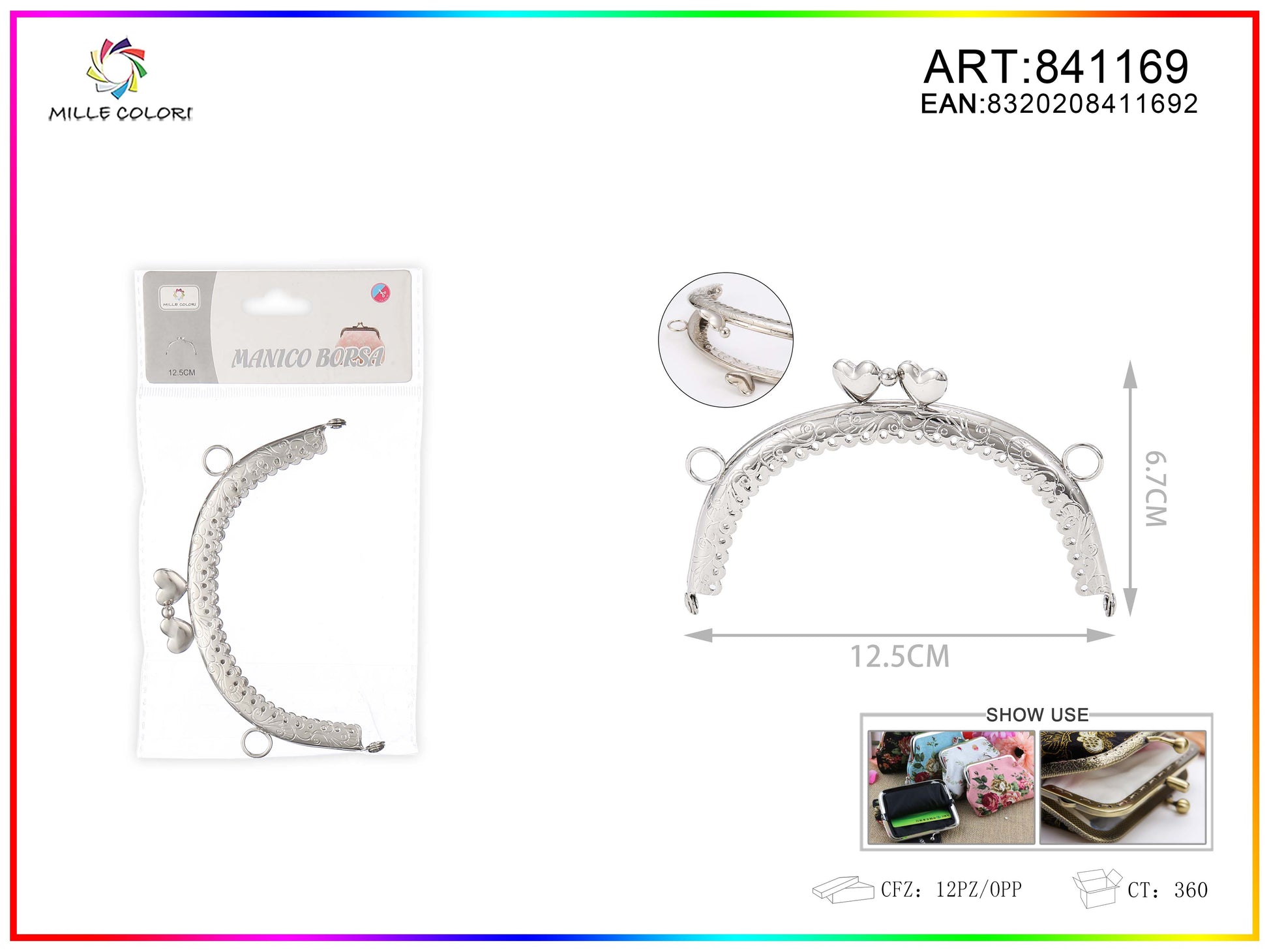 Chiusura clic clac per borse ad arco 12.5cm in metallo argento con doppio cuore e bordo decorato