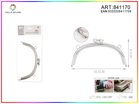Chiusura clic clac per borse ad arco 16.5cm in metallo argento con doppio cuore e bordo decorato