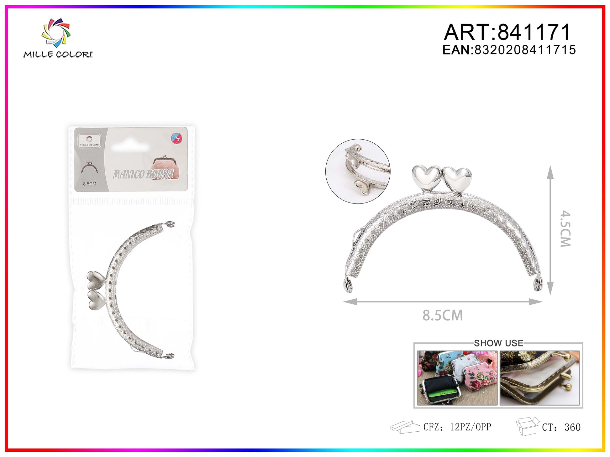 Chiusura clic clac per borse ad arco 8.5cm in metallo argento con doppio cuore e bordo decorato