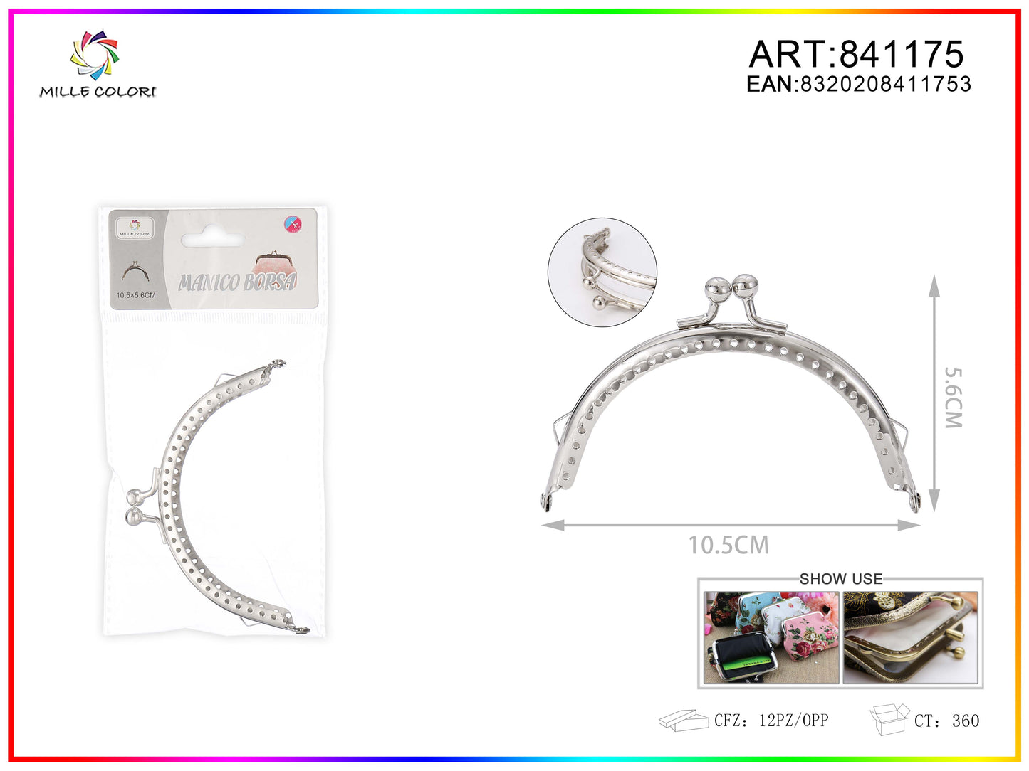 Chiusura clic clac per borse ad arco 10.5cm in metallo argento con sfere tonde e bordo decorato