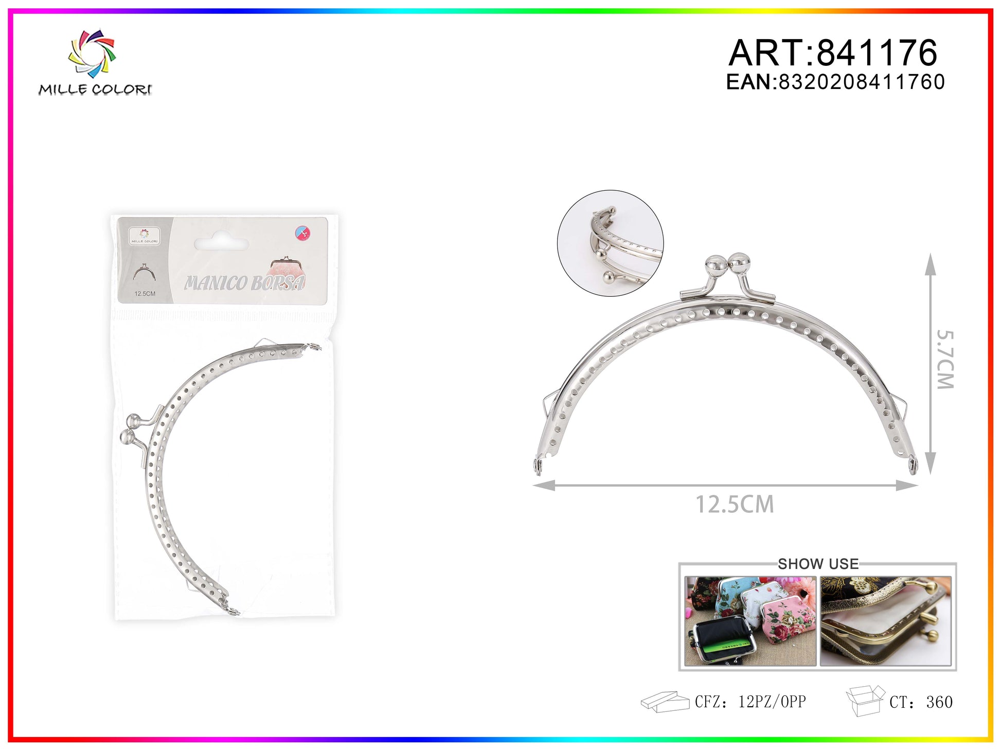 Chiusura clic clac per borse ad arco 12.5cm in metallo argento con sfere tonde e bordo decorato