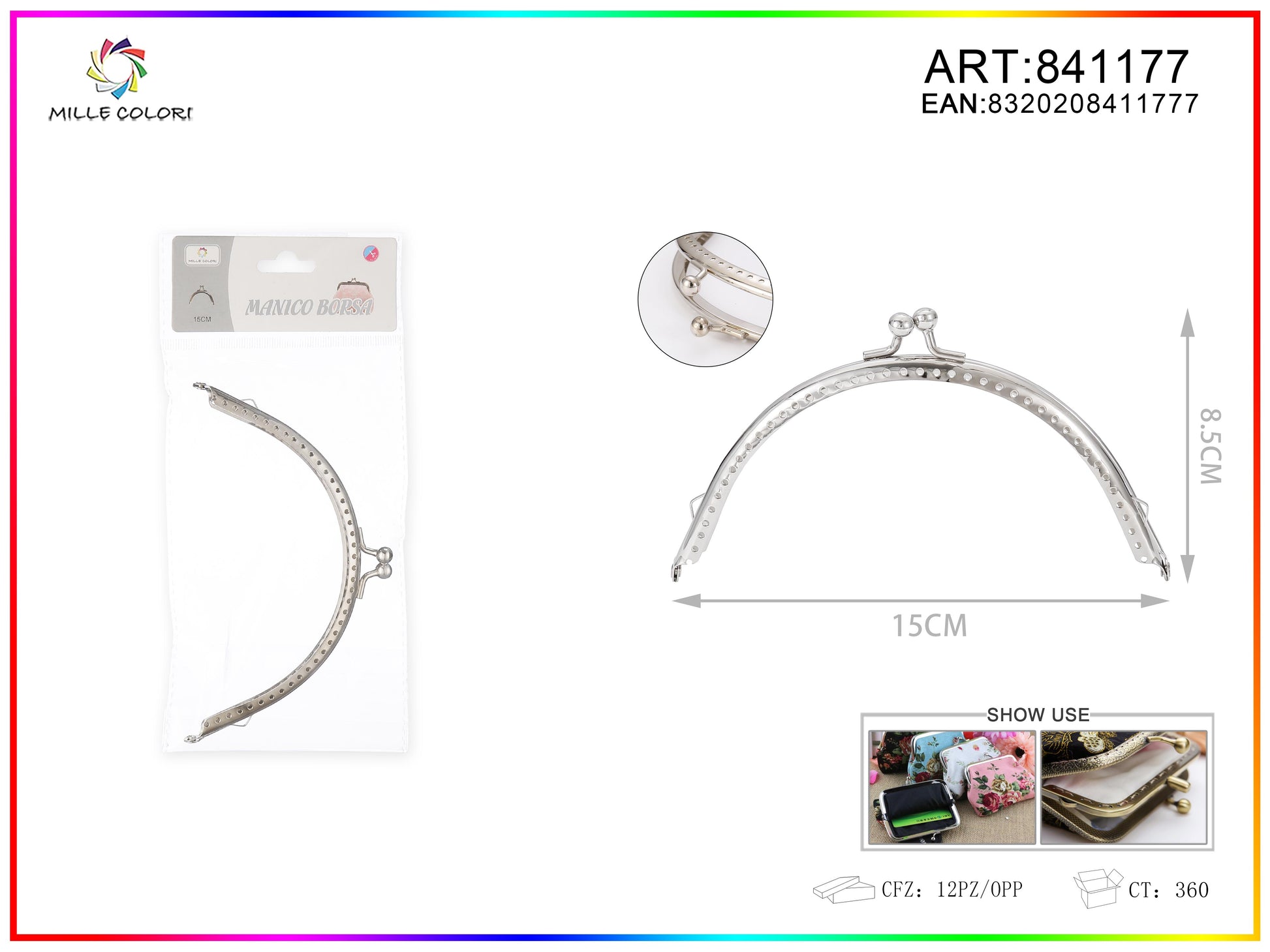 Chiusura clic clac per borse ad arco 15cm in metallo argento con sfere tonde e bordo decorato