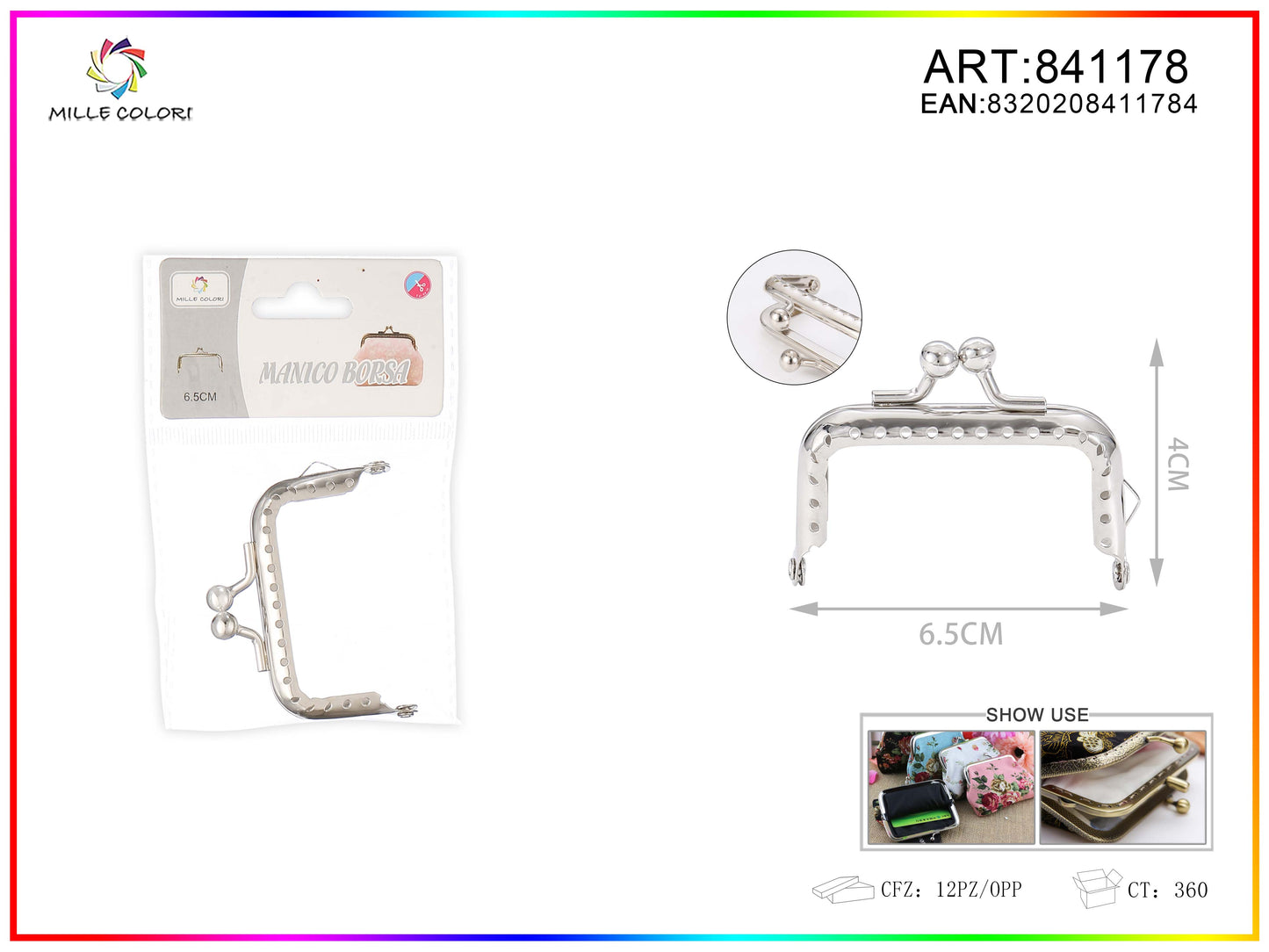 Chiusura clic clac per borse rettangolare 6.5cm in metallo argento con sfere tonde e bordo decorato