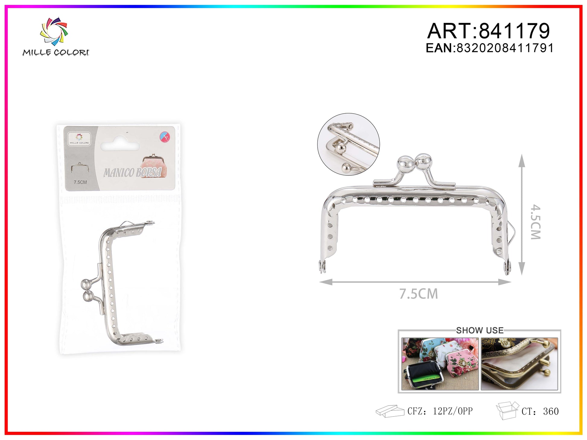 Chiusura clic clac per borse rettangolare 7.5cm in metallo argento con sfere tonde e bordo decorato