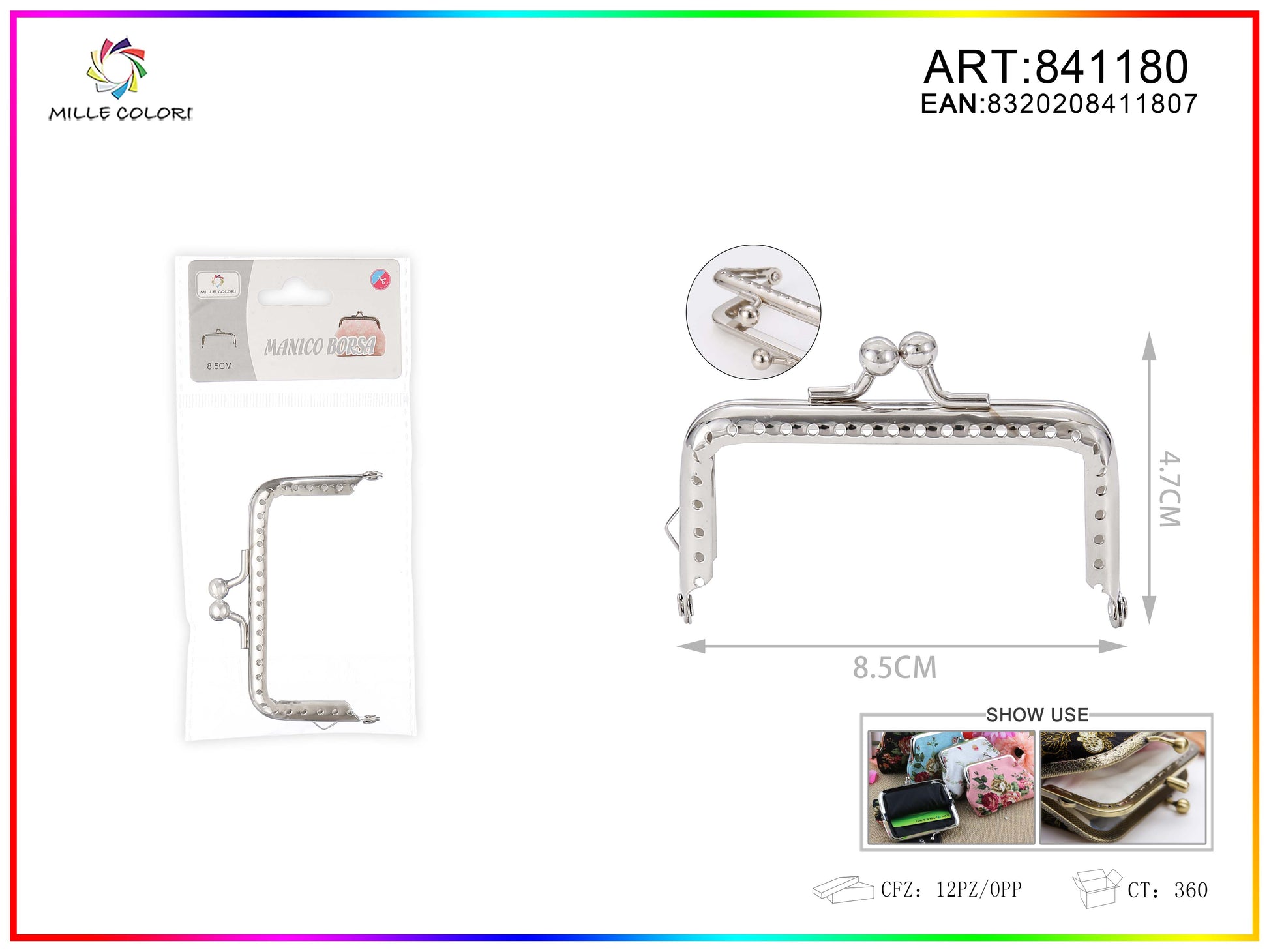 Chiusura clic clac per borse rettangolare 8.5cm in metallo argento con sfere tonde e bordo decorato