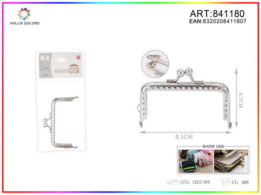Chiusura clic clac per borse rettangolare 8.5cm in metallo argento con sfere tonde e bordo decorato