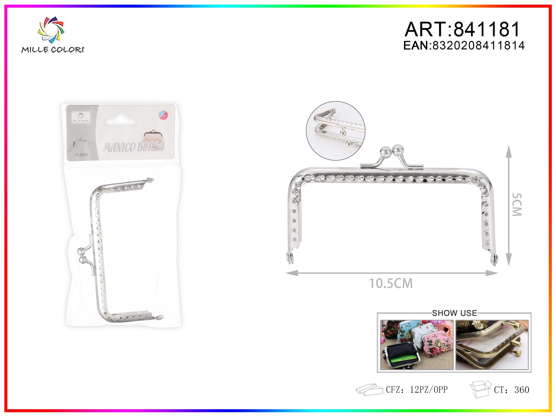 Chiusura clic clac per borse rettangolare 10.5cm in metallo argento con sfere tonde e bordo decorato