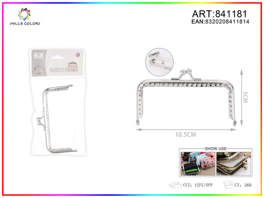 Chiusura clic clac per borse rettangolare 10.5cm in metallo argento con sfere tonde e bordo decorato