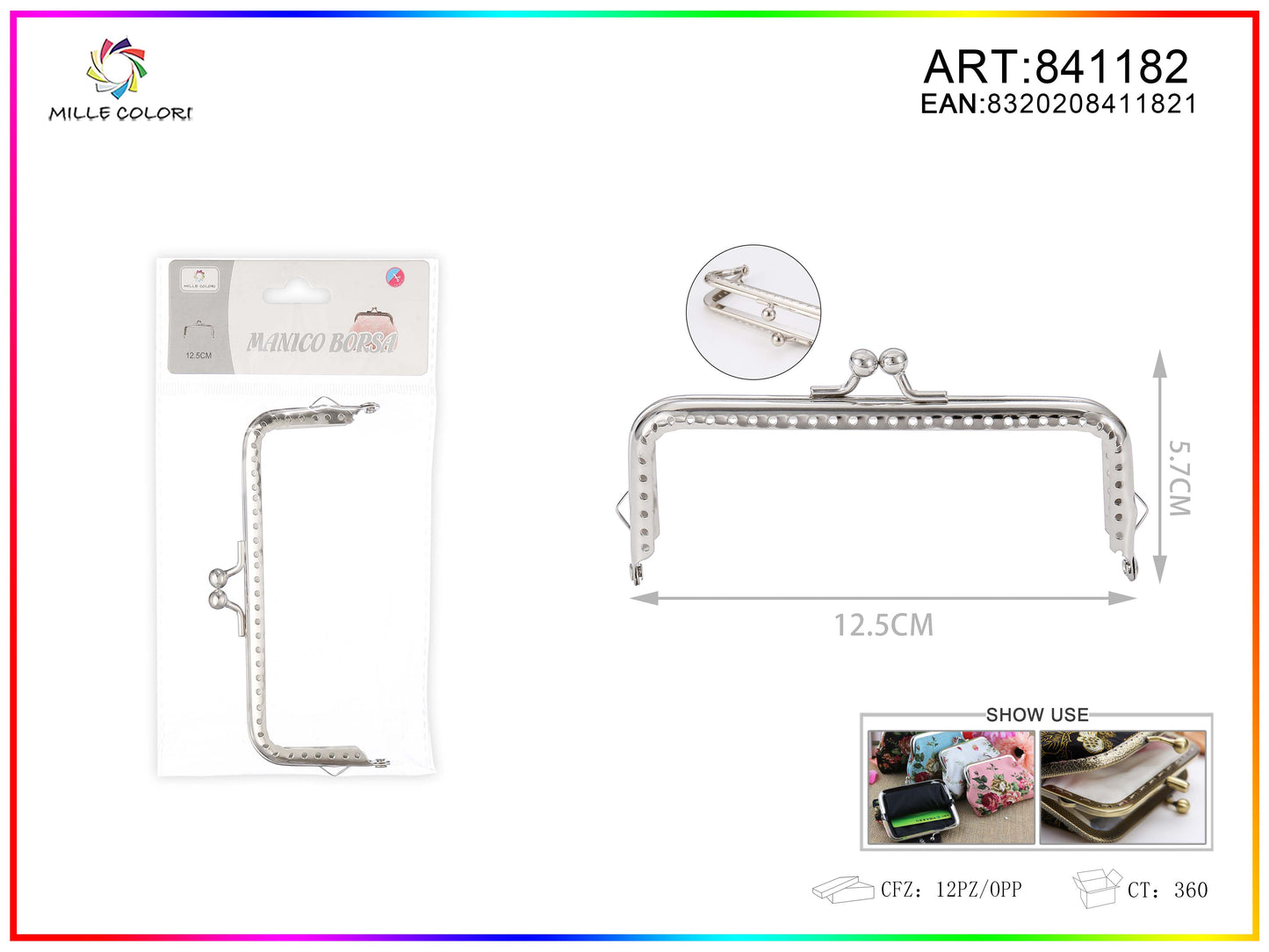 Chiusura clic clac per borse rettangolare 12.5cm in metallo argento con sfere tonde e bordo decorato