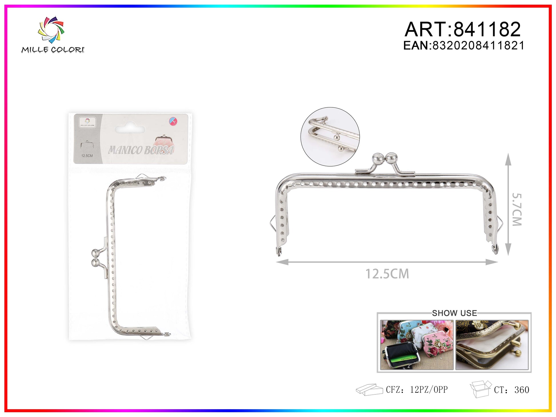 Chiusura clic clac per borse rettangolare 12.5cm in metallo argento con sfere tonde e bordo decorato