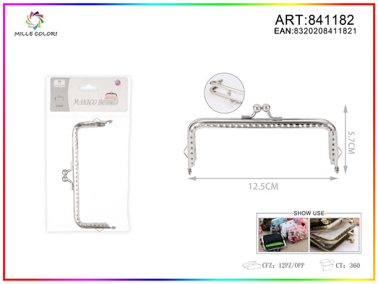 Chiusura clic clac per borse rettangolare 12.5cm in metallo argento con sfere tonde e bordo decorato