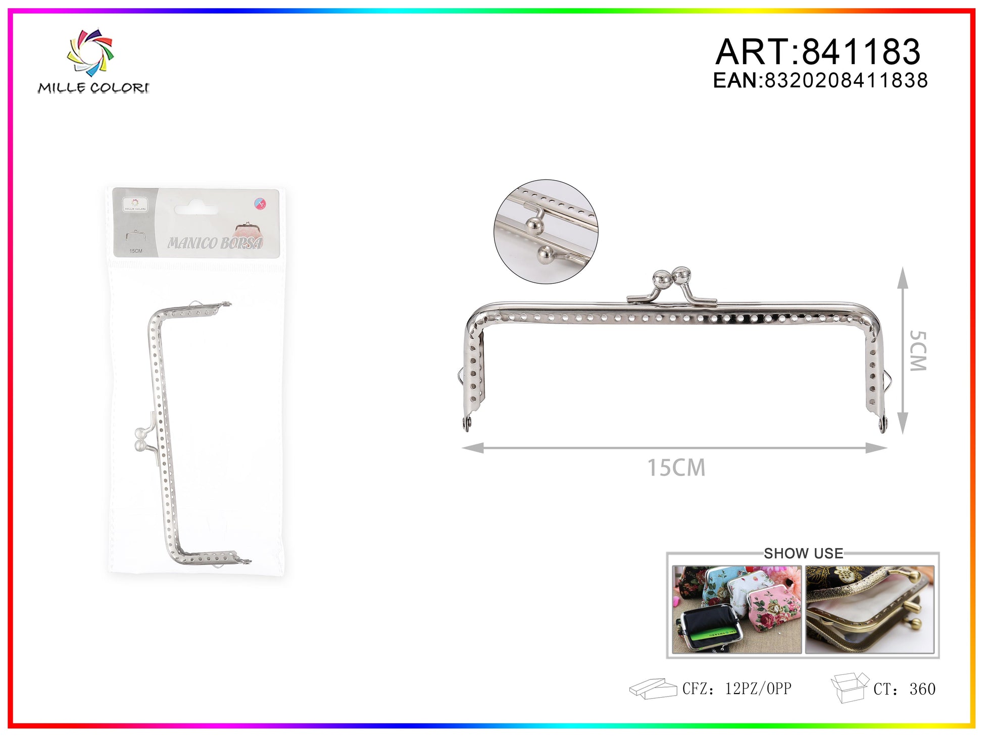 Chiusura clic clac per borse rettangolare 15cm in metallo argento con sfere tonde e bordo decorato