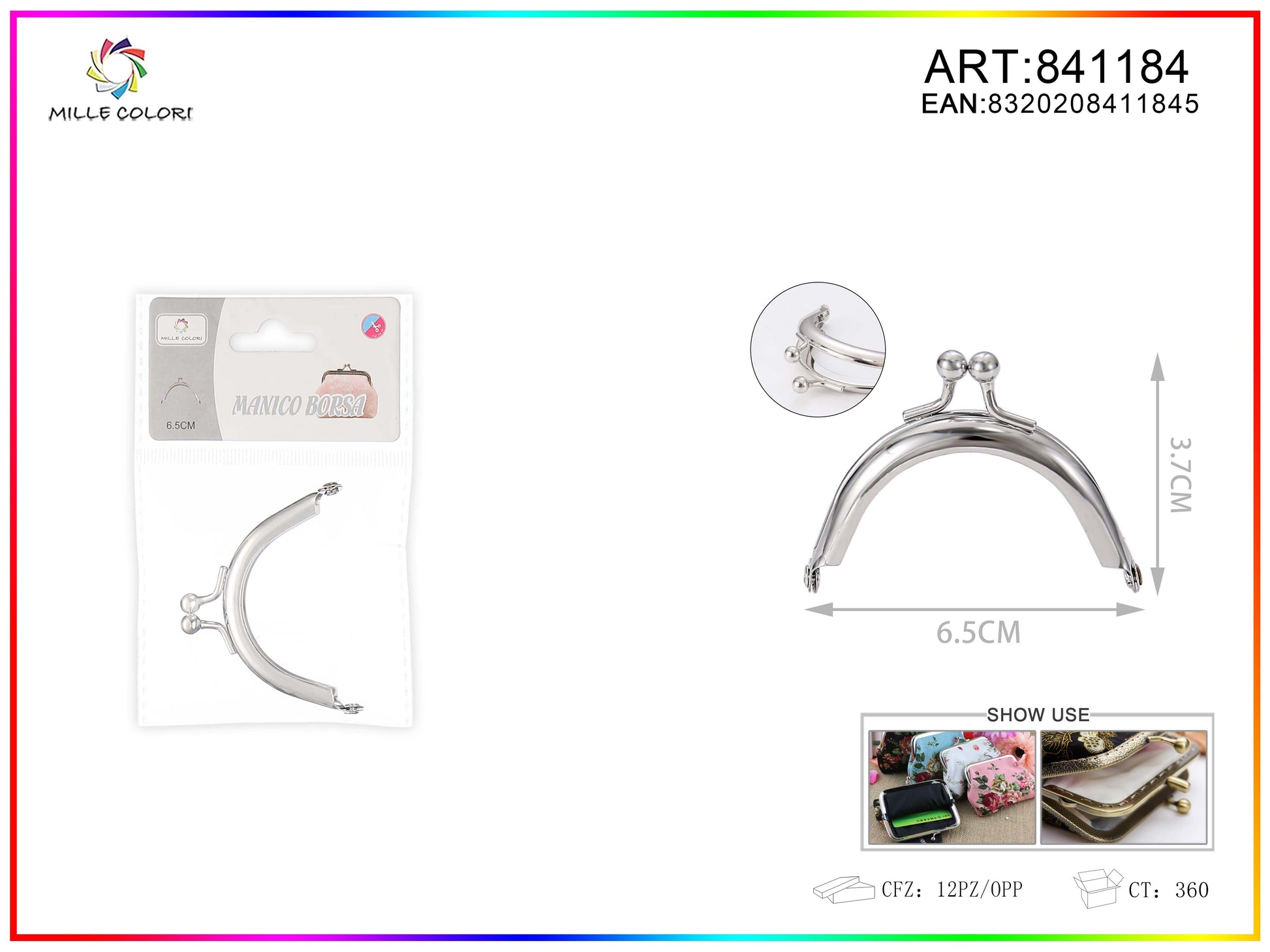 Chiusura clic clac per borse ad arco 6.5cm in metallo argento con sfere tonde e profilo liscio