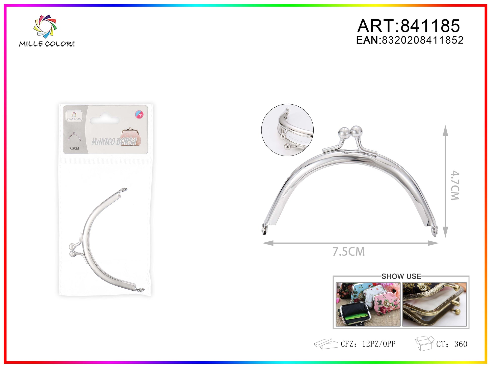 Chiusura clic clac per borse ad arco 7.5cm in metallo argento con sfere tonde e profilo liscio