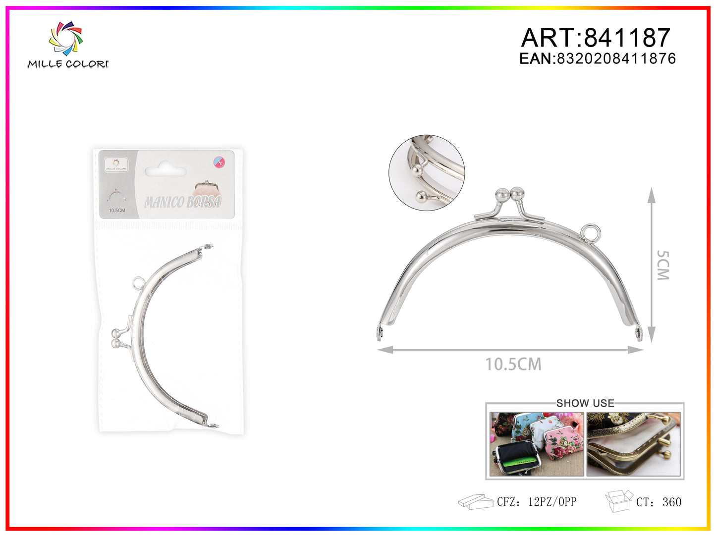 Chiusura clic clac per borse ad arco 10.5cm in metallo argento con sfere tonde e profilo liscio