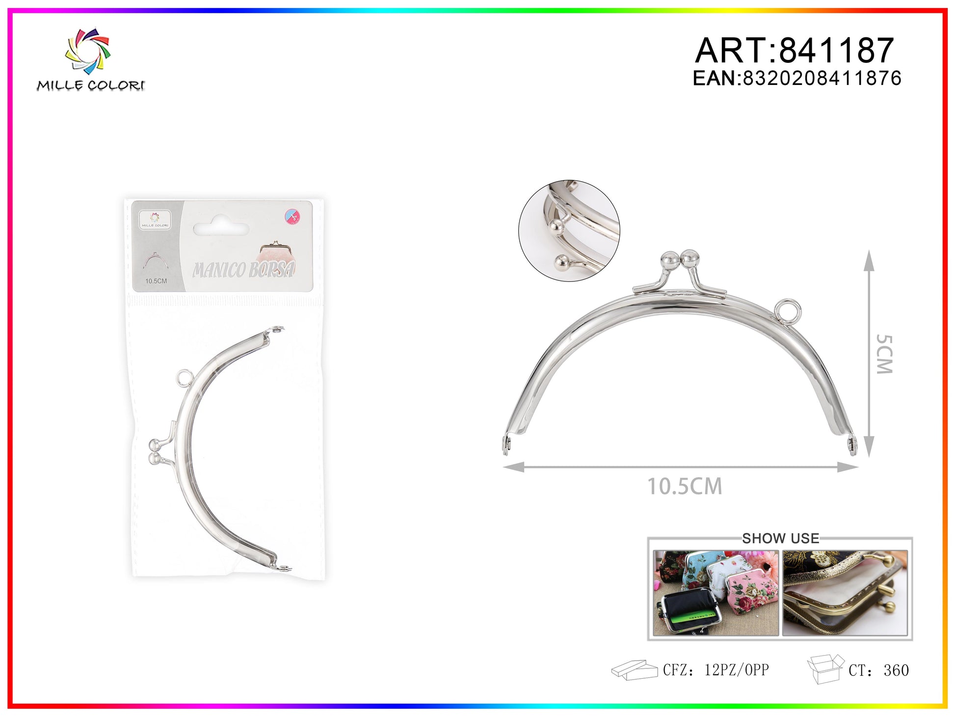 Chiusura clic clac per borse ad arco 10.5cm in metallo argento con sfere tonde e profilo liscio