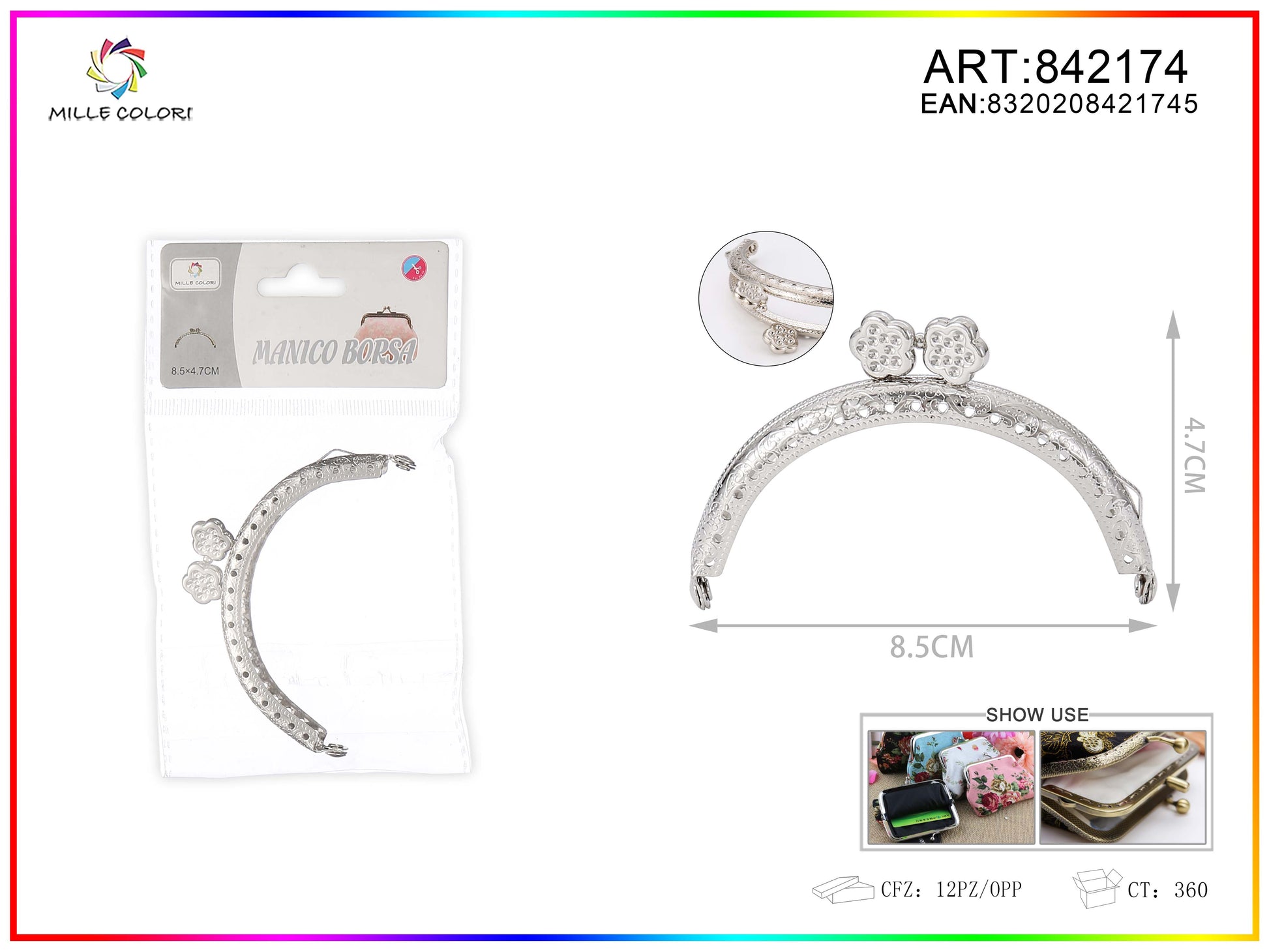 Chiusura clic clac per borse ad arco 8.5cm in metallo argento con chiusura a fiore e bordo decorato