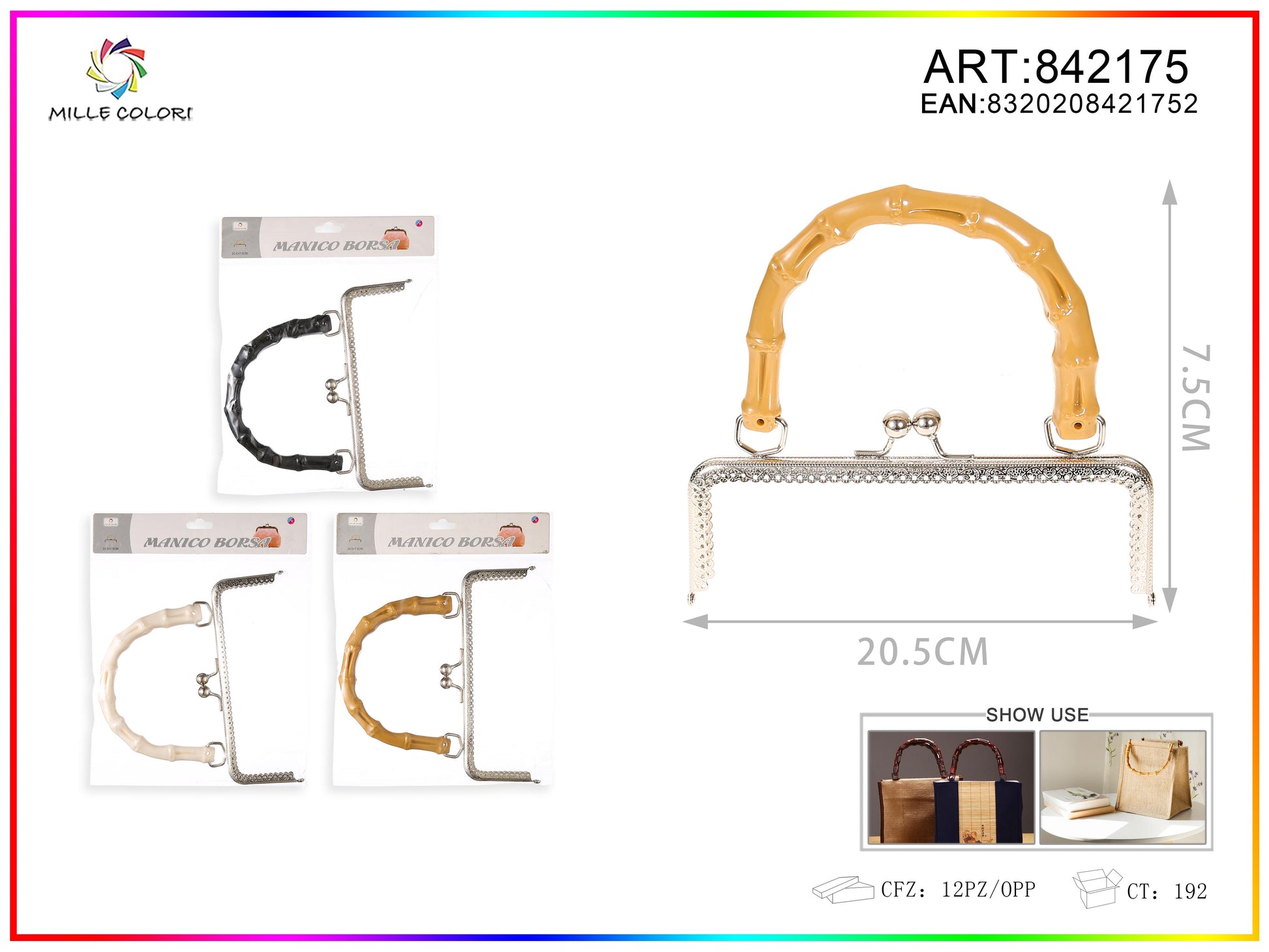Chiusura clic clac per borse con manico effetto bamb¨´ 20.5 x 7.5cm. telaio rettangolare in metallo argento