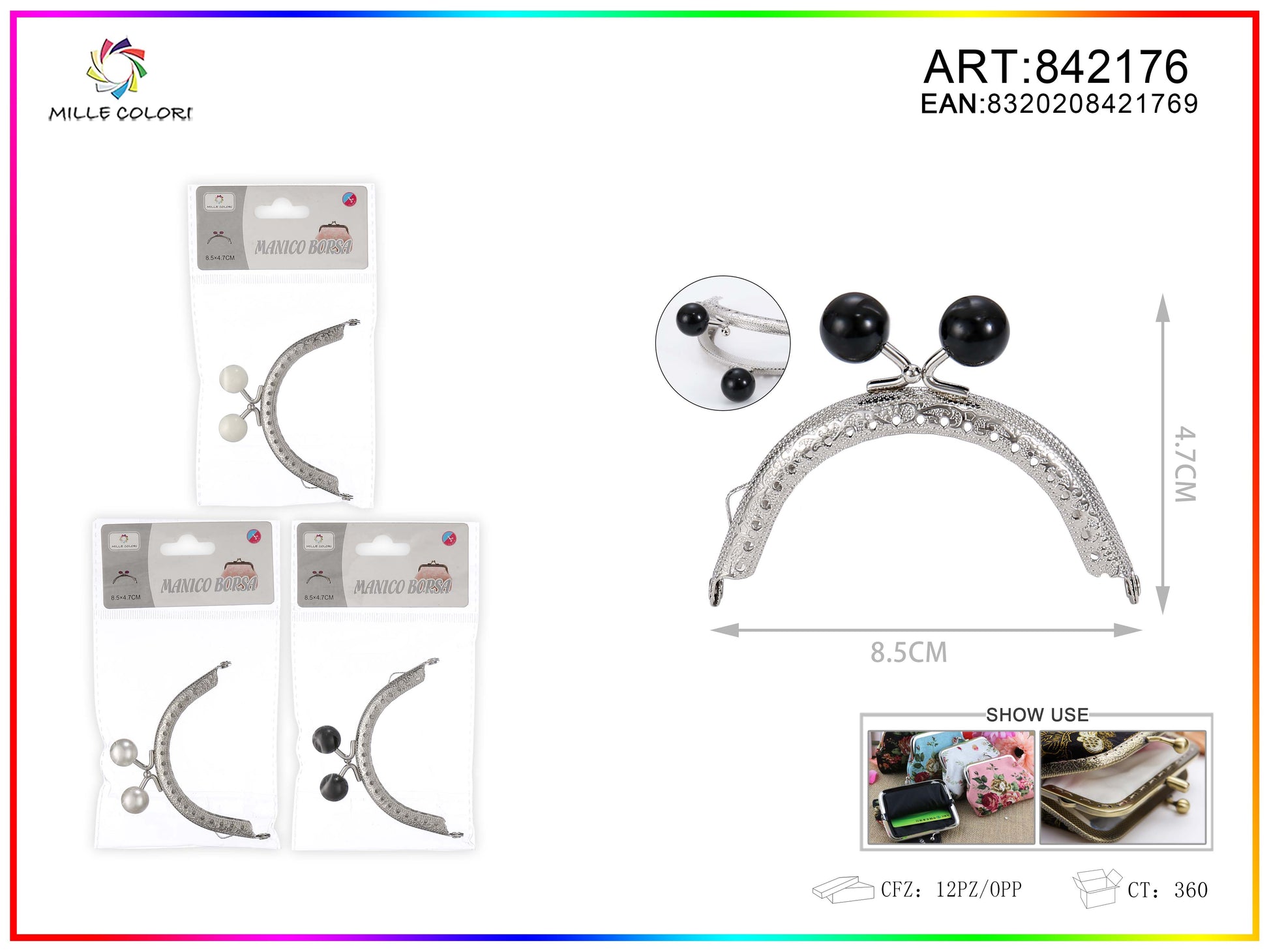 Chiusura clic clac per borse ad arco 8.5cm in metallo argento con sfere nere e bordo decorato