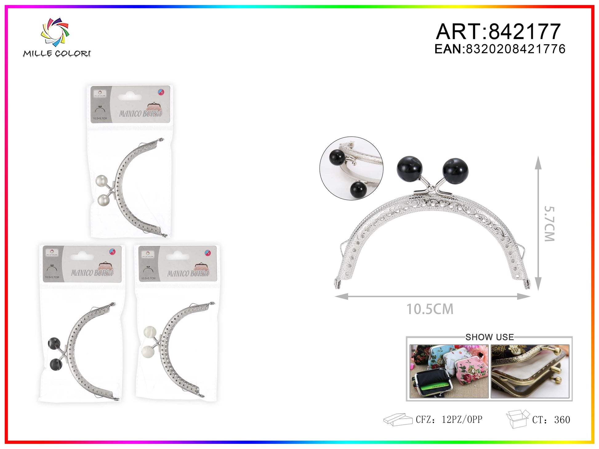 Chiusura clic clac per borse ad arco 10.5cm in metallo argento con sfere nere e bordo decorato