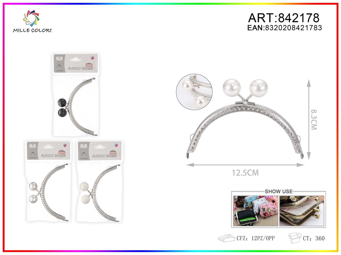 Chiusura clic clac per borse ad arco 12.5cm in metallo argento con perle bianche e bordo decorato