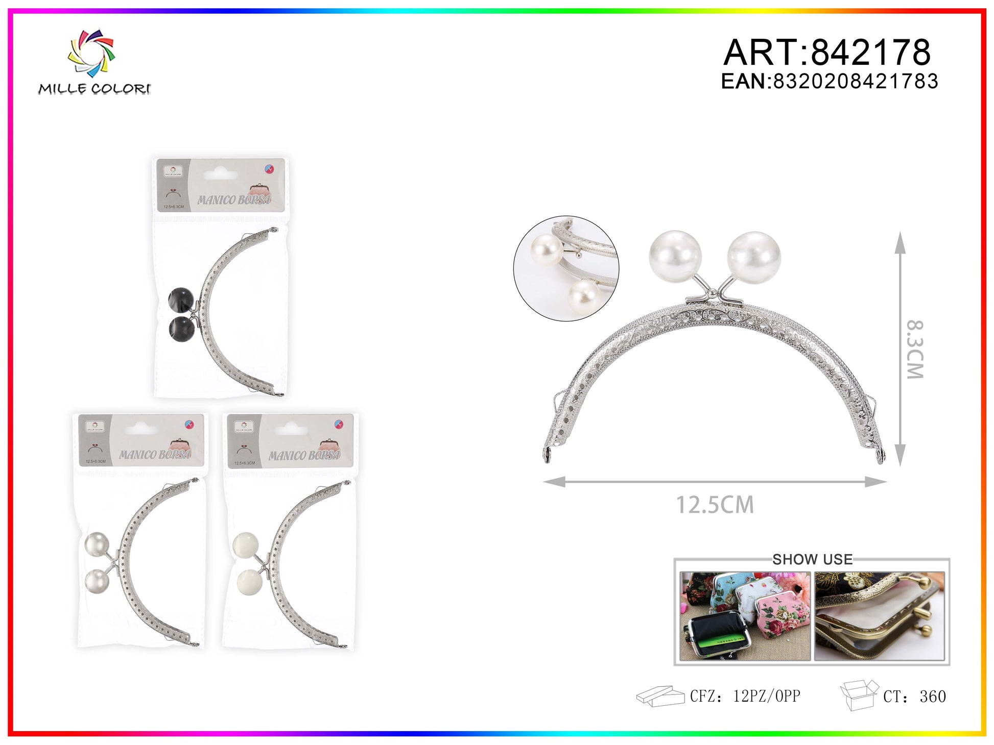 Chiusura clic clac per borse ad arco 12.5cm in metallo argento con perle bianche e bordo decorato