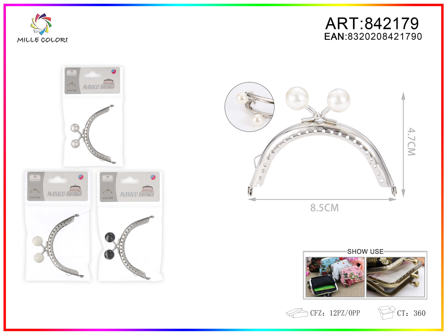Chiusura clic clac per borse ad arco 8.5cm in metallo argento con perle bianche e profilo liscio